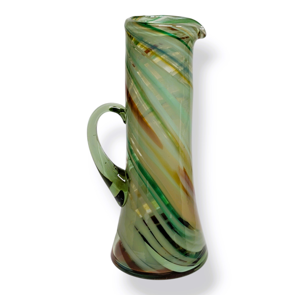 Vtg Studio Art Glass Pitcher 12" Multicolor Swirl Applied Handle Handcrafted